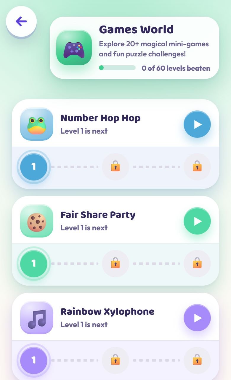 The Games World list: Number Hop Hop, Fair Share Party, Rainbow Xylophone and Pattern Train Builder.