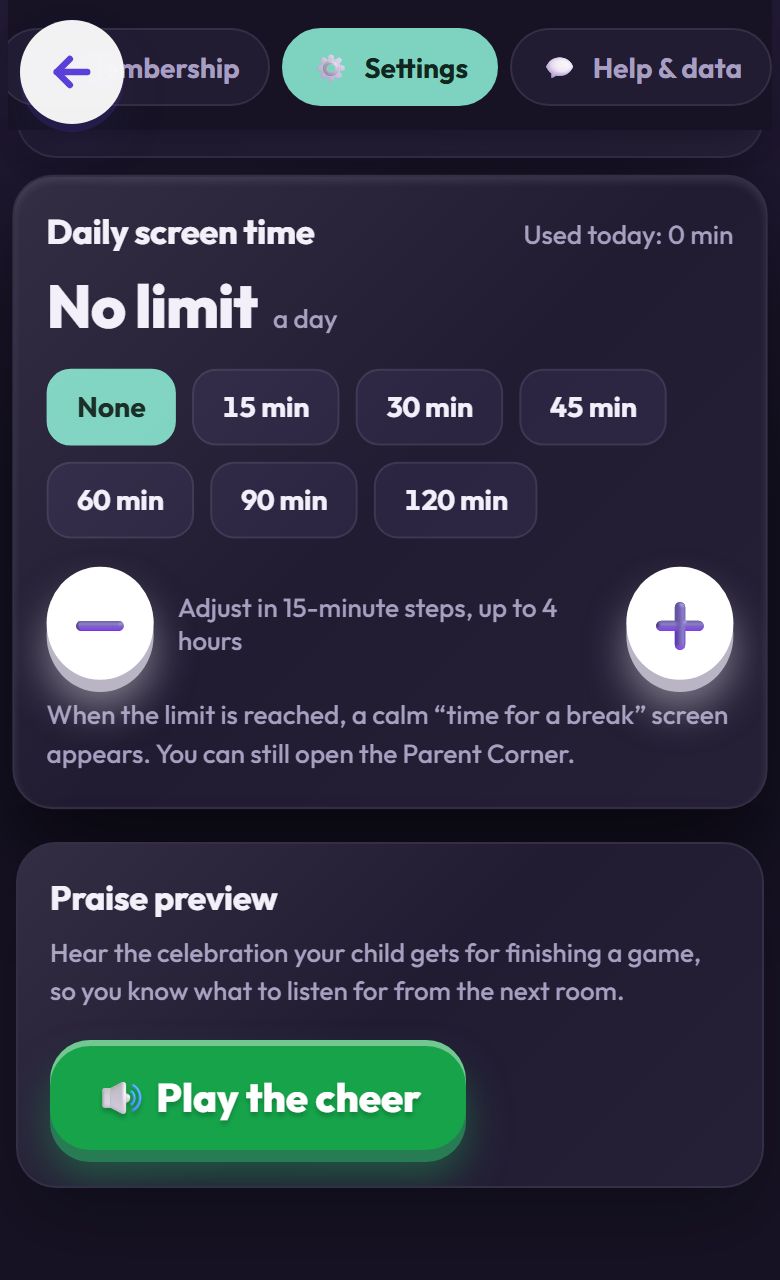 The Parent Corner's daily screen-time setting, with limits from 15 minutes upward.