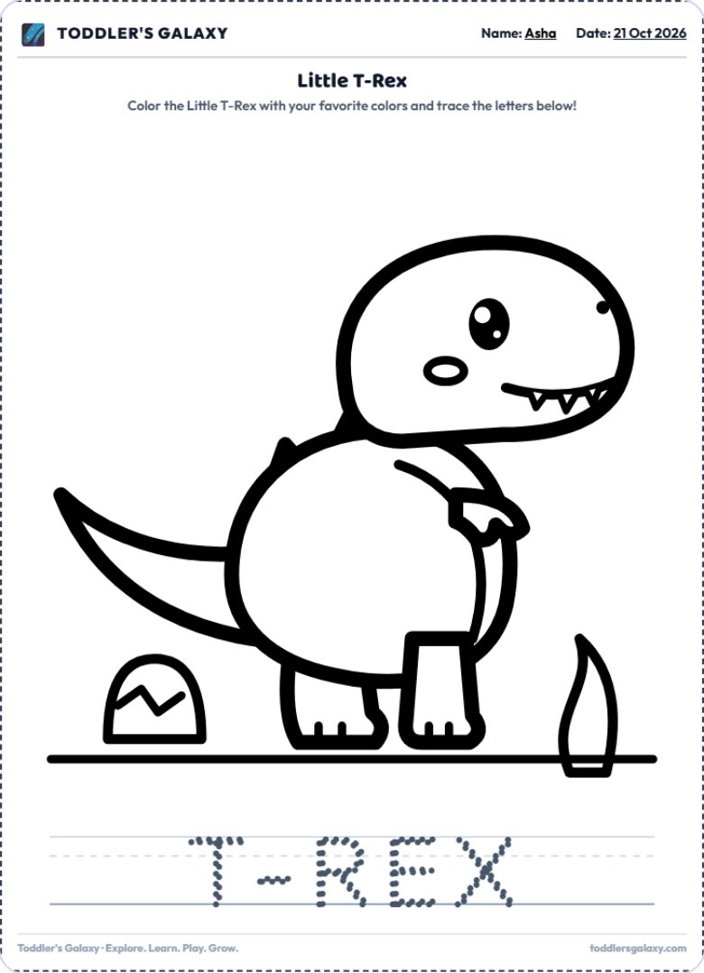 A printable colouring sheet of a T-rex, with the word to trace underneath.