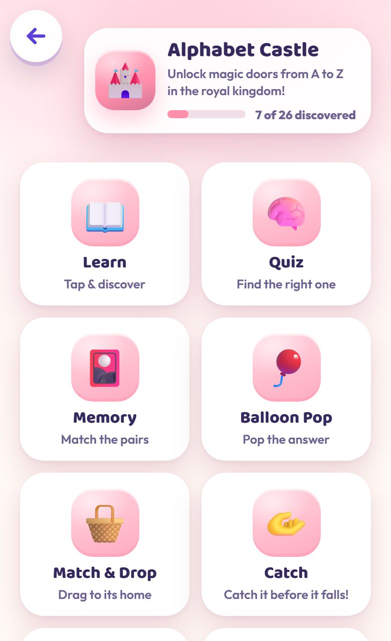 The Alphabet Castle world, with Learn, Quiz, Memory, Balloon Pop and other games.