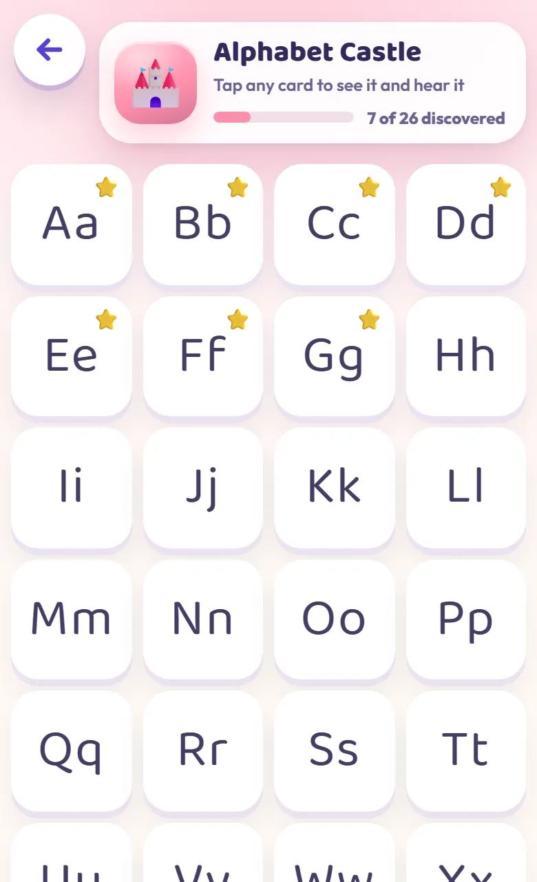 Alphabet Castle in Toddler's Galaxy, with a card for every letter in capital and small letters.