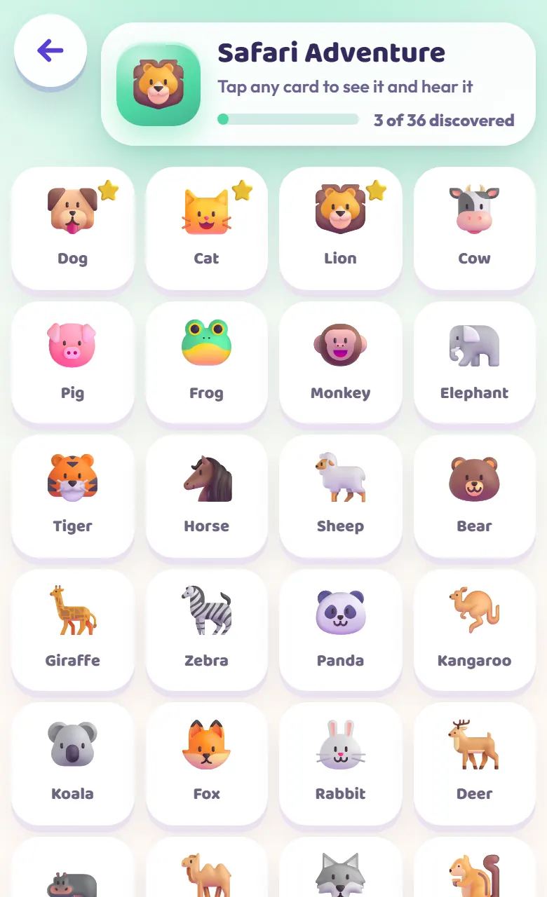Safari Adventure in Toddler's Galaxy, with animal cards for a dog, cat, lion and cow.