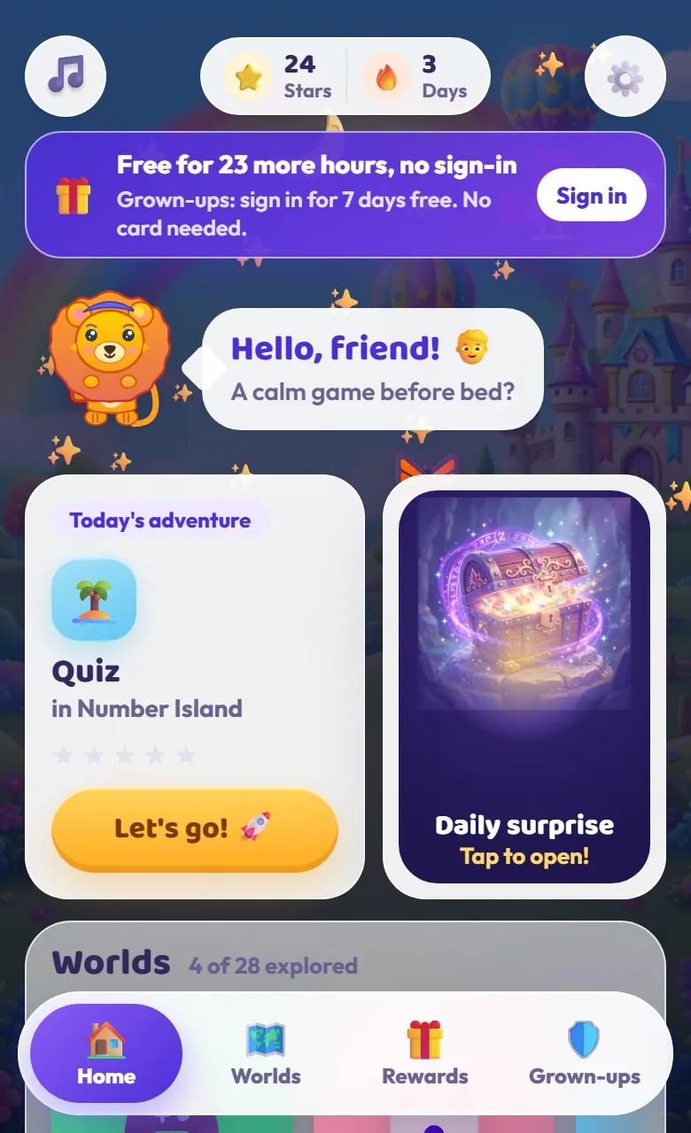 The Toddler's Galaxy home screen, with Twinkle, today's adventure and a daily surprise.