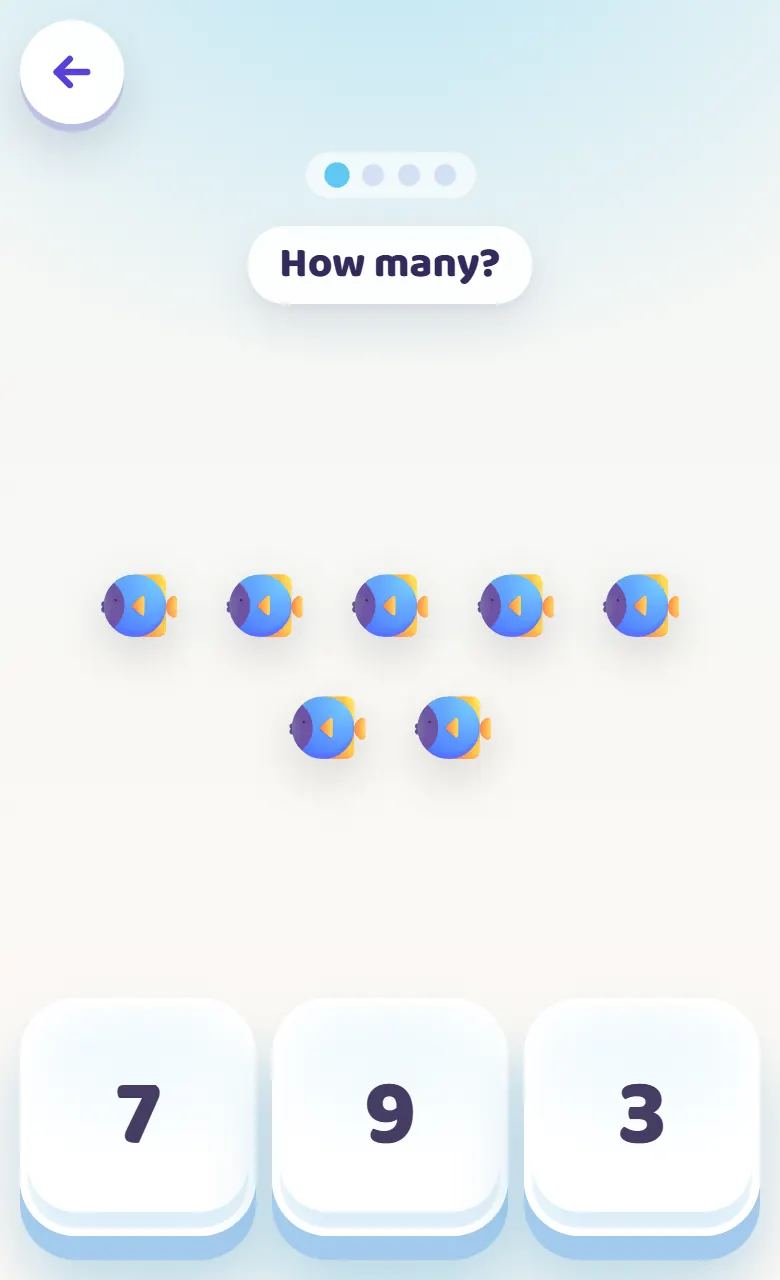 The Counting game in Toddler's Galaxy: seven fish to count and three numbers to choose from.
