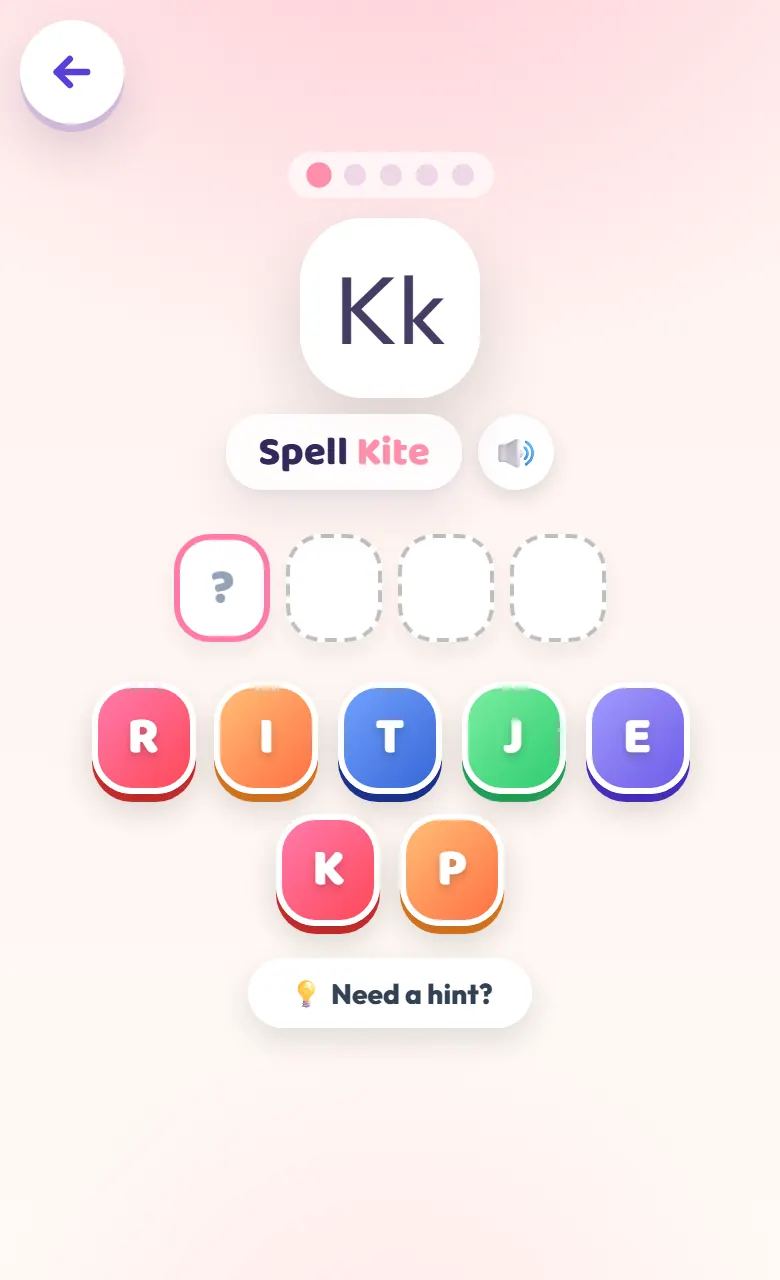 The Phonics Speller in Toddler's Galaxy, asking the child to spell Kite from letter tiles.