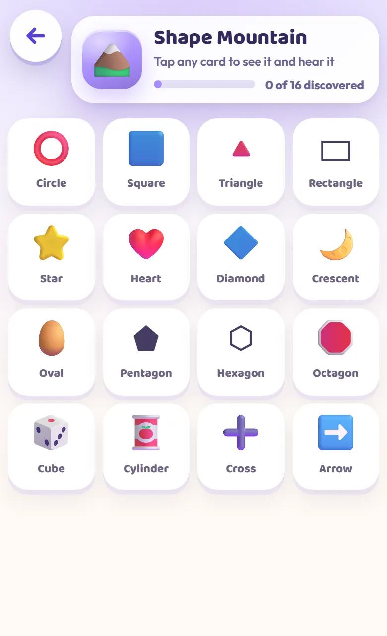Shape Mountain in Toddler's Galaxy, with cards for a circle, square, triangle and more.