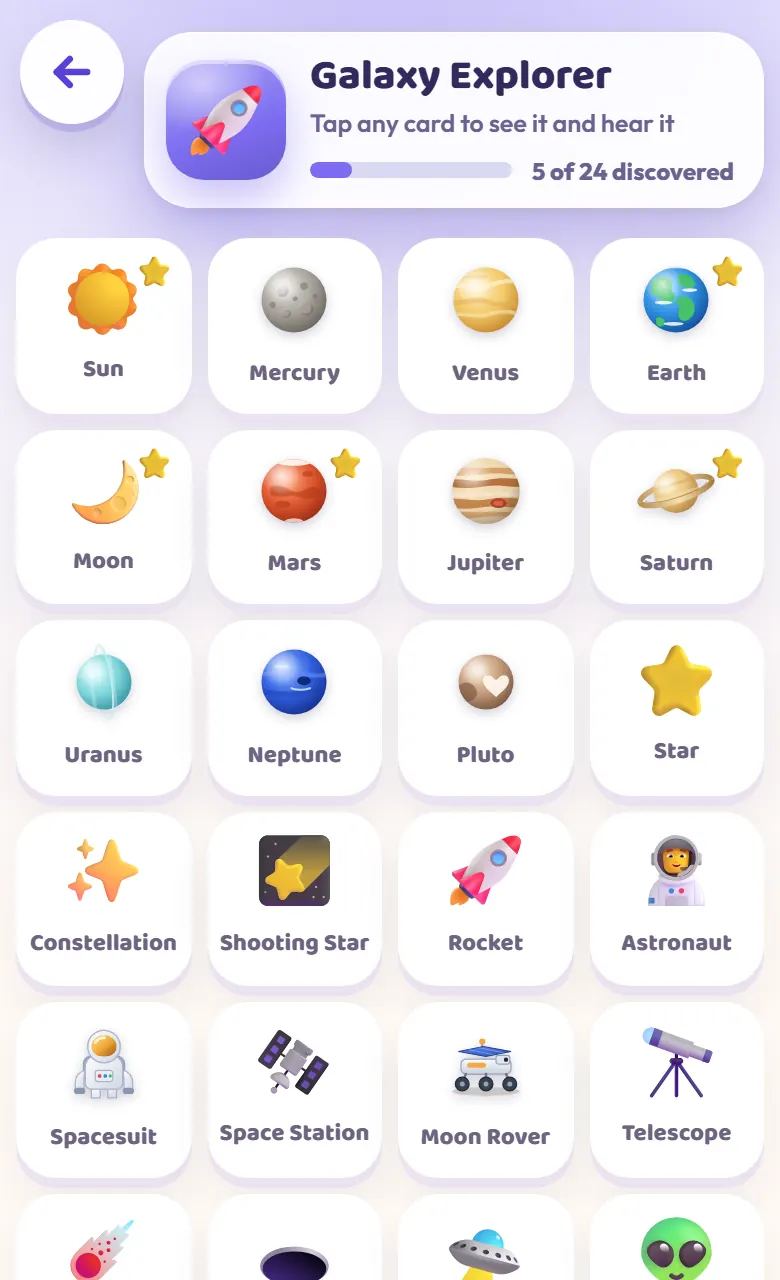 Galaxy Explorer in Toddler's Galaxy, with illustrated cards for the Sun, Mercury, Venus and Earth.
