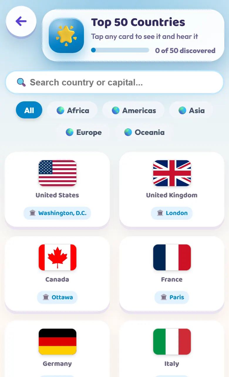 Top 50 Countries in Toddler's Galaxy: flags of the United States, the United Kingdom, Canada and France, each with its capital.