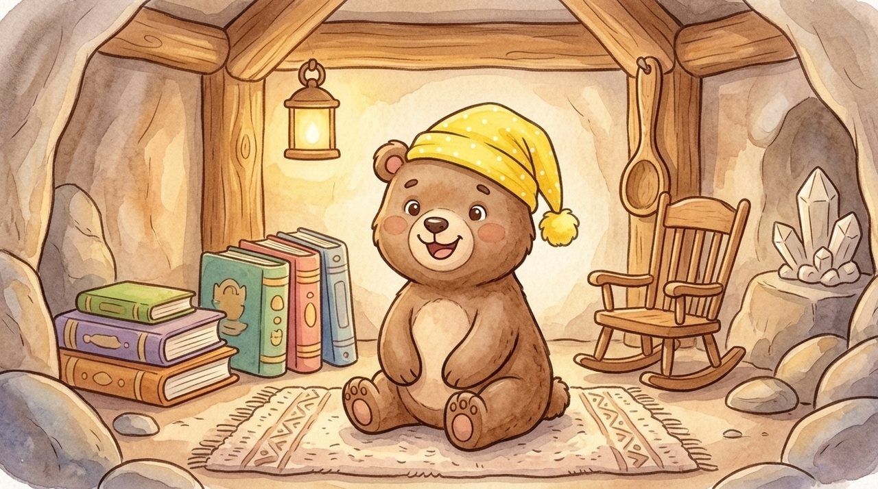 A page from The Sleepy Bear: a bear cub in a yellow nightcap outside a cosy cave.